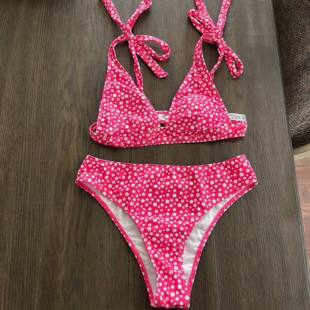 Adorable floral bright pink bathing suit